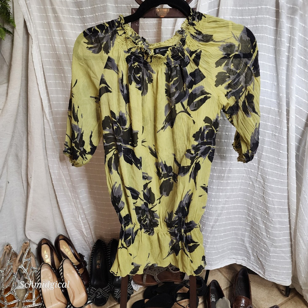 INC International Concepts Silk Blouse Lime Green Black Floral Smocked Top 12